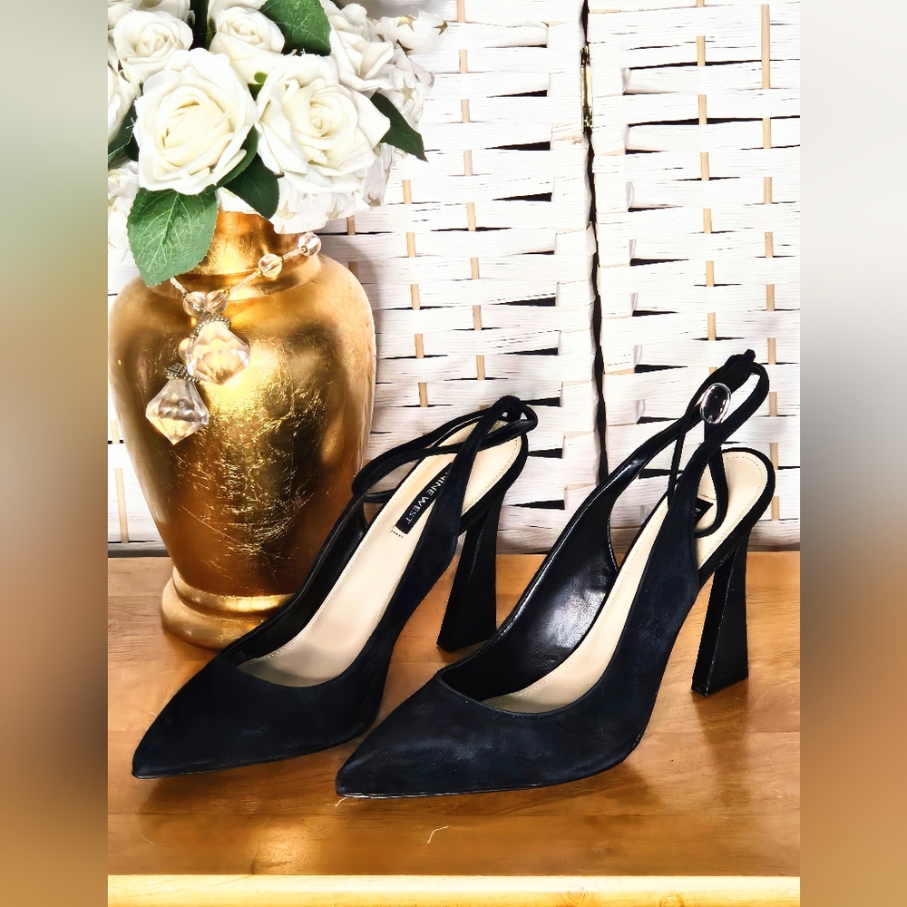NWOB-NINE WEST Black Suede Leather High Heel Slingback Shoes sz-9.5M